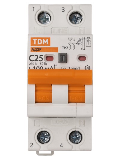 Выключатель АВДТ АД2P 2Р С25 100мА 6кА тип АС TDM — изображение 3