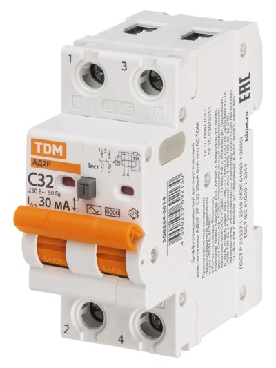 Выключатель АВДТ АД2P 2Р С32 30мА 6кА тип АС TDM — изображение 2