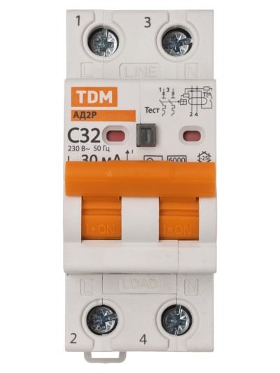 Выключатель АВДТ АД2P 2Р С32 30мА 6кА тип АС TDM — изображение 3
