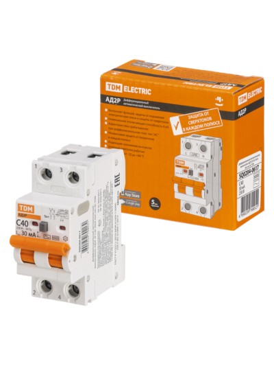 Выключатель АВДТ АД2P 2Р С40 30мА 6кА тип АС TDM
