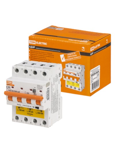 Выключатель АВДТ АД4P 4Р С50 30-100-300мА 6кА тип АС TDM