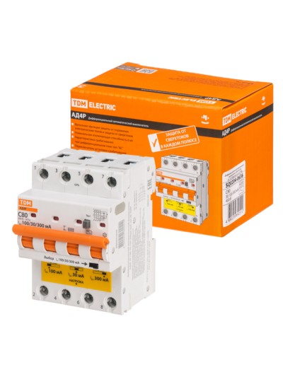 Выключатель АВДТ АД4P 4Р С80 30-100-300мА 6кА тип АС TDM