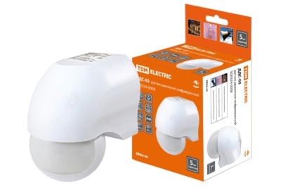 Датчик движения TDM инфракрасный ДДС-03 1100Вт, 5-720с, 10м, 5+Лк, 180гр, IP44,