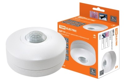 Датчик движения TDM инфракрасный ДДП-03 1200Вт, 10-420с, 6м , 3+Лк, 120(сбоку)+360(сверху)гр IP33,