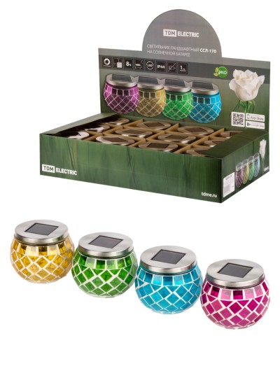Светильник ландшафтный ССЛ-170 на солн.батарее, 9*9*10,стекло,зеленый,синий,желтый,фиолетовый,ДБ,TDM