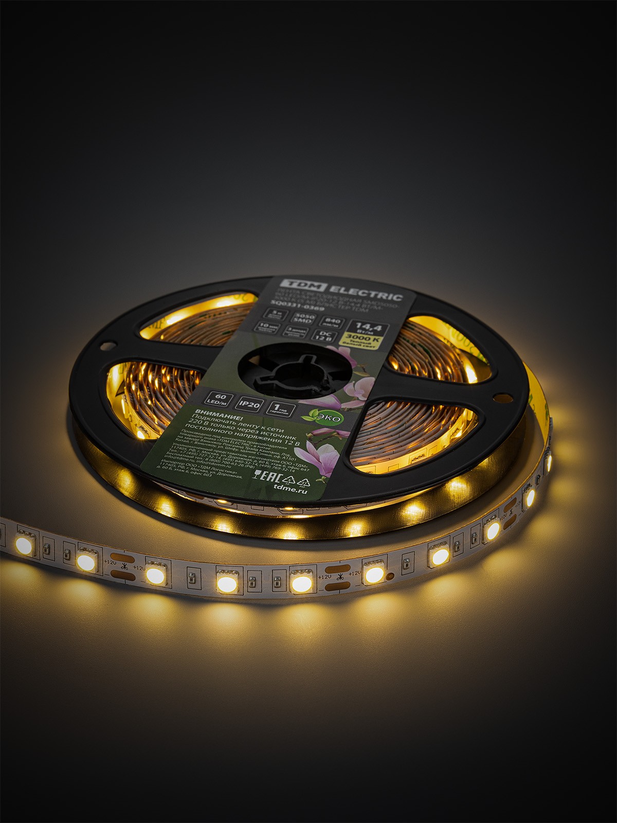 Лента светодиодная SMD5050-60 LED/м-IP20-12 В-14,4 Вт/м-3000 К (5 м) блистер TDM — изображение 3