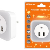 Светильник-ночник TDM “Комбо 3”, 8LED, 80 лм, дат. освещ., 2 хUSB 2,1 А, 220 В, (1/1/40)