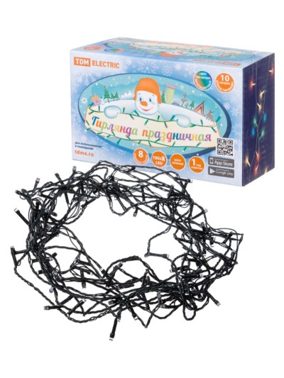 Гирлянда светодиодная СГ100MЗ10, многоцвет., зеленый шнур, 10м, 8 режимов, 250 В, TDM (1/30/60)