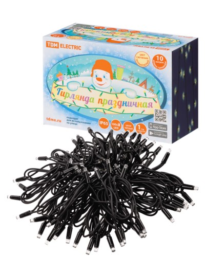 Гирлянда светодиодная СГУ100БТ10, 10м, 3000К, каучук чер., посл. подкл, IP65, 250 В, TDM