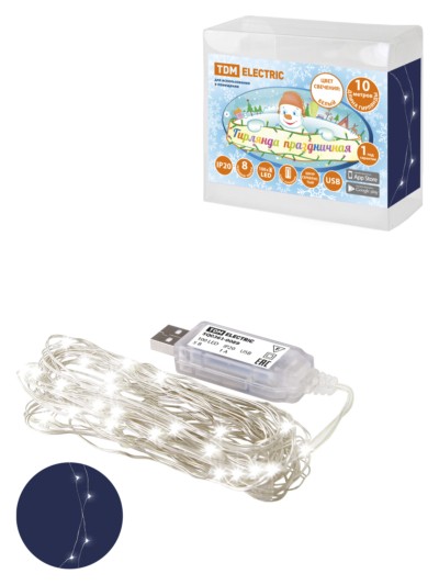 Гирлянда светодиодная “Роса 100-Д” 10 м, 100LED, белый, ПДУ, USB, IP20, TDM