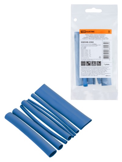 Набор трубок термоусаживаемых, не поддерживающих горение, клеевых, 8 типоразмеров, длиной 10 см ТТкНГ(3:1) “Моноцвет-диапазон, синий TDM”