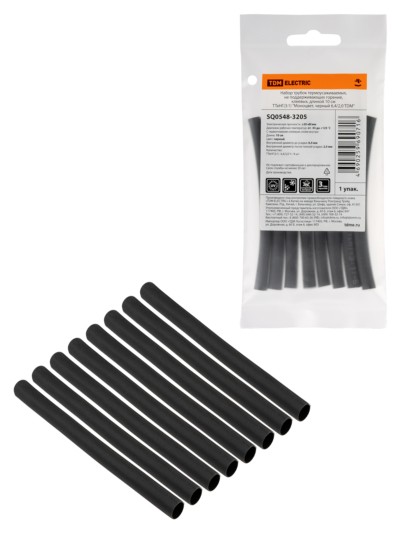 Набор трубок термоусаживаемых, не поддерживающих горение, клеевых, длиной 10 см ТТкНГ(3:1) “Моноцвет, черный 6,4/2,0 TDM”