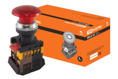 Кнопка AELA-22 “Грибок” красный d22мм неон/230В 1з+1р TDM
