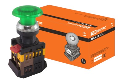 Кнопка AELA-22 “Грибок” зеленый d22мм неон/230В 1з+1р TDM