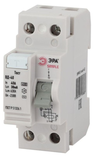 Выключатель дифференциального тока (УЗО) 2п 40А/30мА ВД-40 (электронное) SIMPLE-mod-43 ЭРА Б0039263