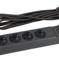 Удлинитель сетевой с фильтром 5х1.5м с/з 10А IP20 2хUSB ПВС 3х0.75 с выкл. черн. Эра Б0019036