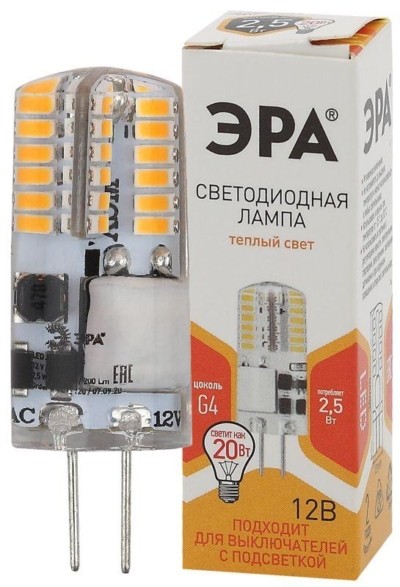 Лампа СДЛ LED-JC-2.5W-12V-SLC-827-G4 JC 2.5Вт капсула G4 тепл. бел. 12В Эра Б0049089