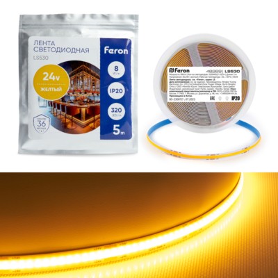 Лента светодиодная Feron LS530 320SMD(2110) 8Вт/м 24V 5000*8*1.8мм IP20 желтый