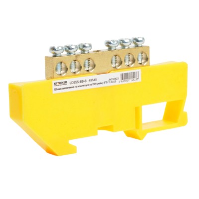 Шина “PE” на изоляторе 6*9 на DIN-рейку 6 выводов, желтый, LD555-69-6