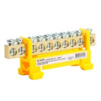 Шина “PE” на изоляторе Stekker 6*9 тип “стойка” на DIN-рейку 10 выводов желтый LD556-69-10