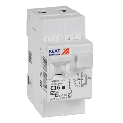 Выключатель АВДТ с защитой от сверхтоков OptiDin D63-22C16-AC-У3 2P C16 30mA 4,5кА