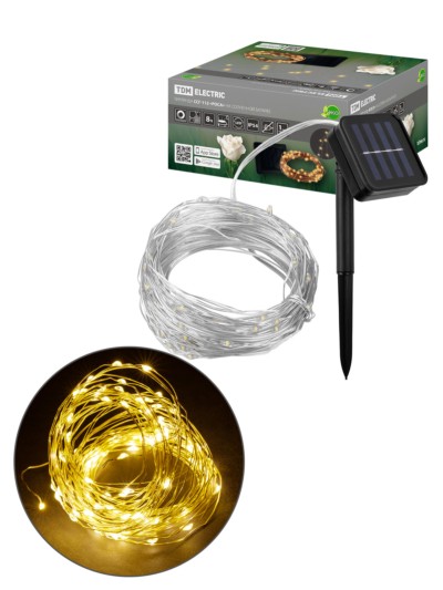 Гирлянда CCГ-112 “Роса” на солнечной батарее, 10 м, 100 LED, теплый белый, IP54, TDM