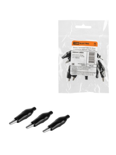 Зажим “крокодил” ЗКИ 5А 46мм в изоляции черный (10шт) TDM