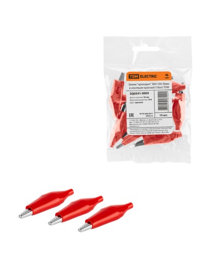 Зажим “крокодил” ЗКИ 10А 56мм в изоляции красный (10шт) TDM