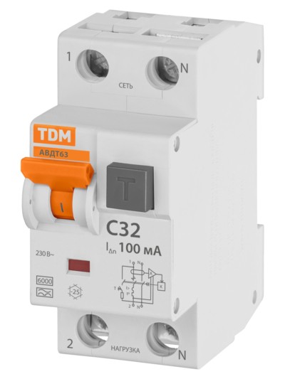Выключатель АВДТ 63 2Р(1Р+N) C32 100мА 6кА тип А TDM — изображение 2