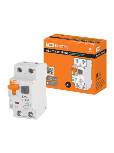 Выключатель АВДТ 63 2Р(1Р+N) B25 10мА 6кА тип А TDM