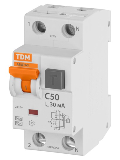 Выключатель АВДТ 63 2Р(1Р+N) C50 30мА 6кА тип А TDM — изображение 2