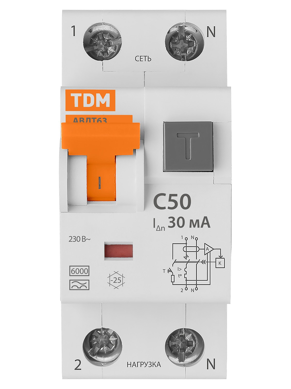 Выключатель АВДТ 63 2Р(1Р+N) C50 30мА 6кА тип А TDM — изображение 3