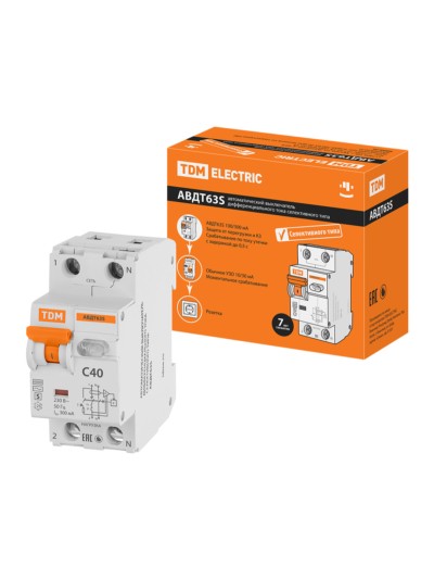 Выключатель АВДТ селективного типа 63S 2P(1P+N) C50 100мА 6кА тип АС TDM