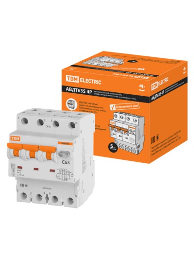 Выключатель АВДТ селективного типа 63S 4P(3P+N) C63 100мА 6кА тип АС TDM