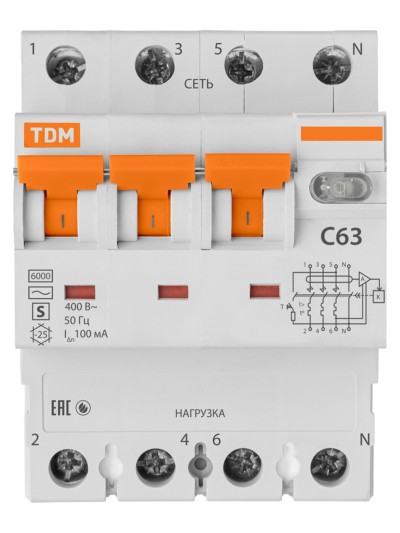 Выключатель АВДТ селективного типа 63S 4P(3P+N) C63 100мА 6кА тип АС TDM — изображение 3