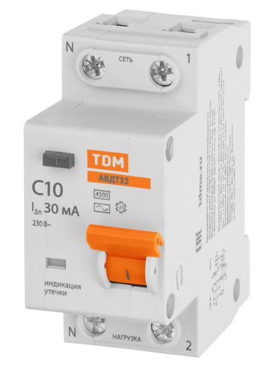 Выключатель АВДТ 32 2P(1P+N) C10 30мА 4,5кА тип АС TDM — изображение 2