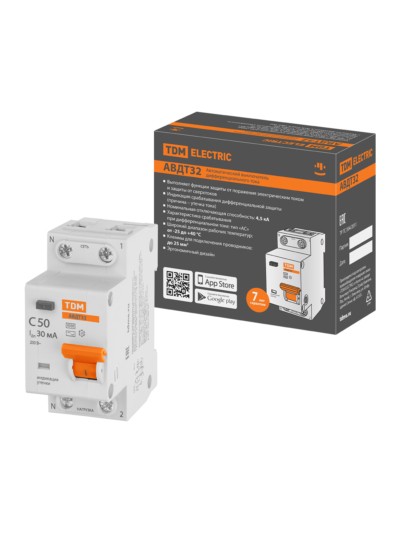 Выключатель АВДТ 32 2P(1P+N) C50 30мА 4,5кА тип АС TDM