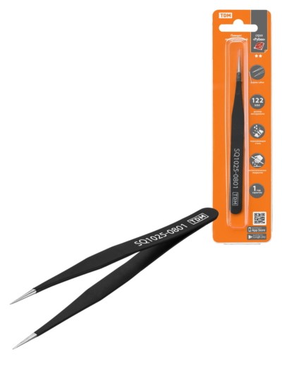 Пинцет прецизионный прямой 122 мм, острое жало, нерж., антистатич. покр., блистер, “Рубин” TDM