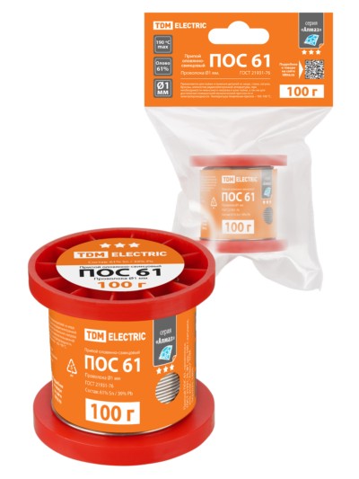 Припой ПОС 61, проволока, ГОСТ 21931-76, Ø1 мм, 100 г, катушка, инд. упак., “Алмаз” TDM