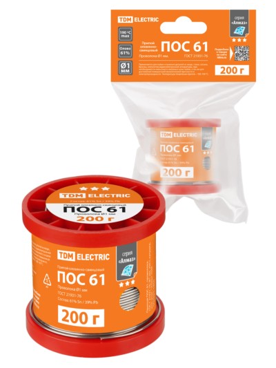 Припой ПОС 61, проволока, ГОСТ 21931-76, Ø1 мм, 200 г, катушка, инд. упак., “Алмаз” TDM