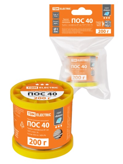 Припой ПОС 40, трубка с канифолью, ГОСТ 21931-76, Ø1 мм, 200 г, катушка, инд. упак., “Алмаз” TDM