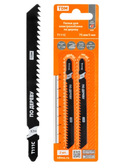 Пилки для электролобзика по дереву, HCS, 75х3 мм, быстрый рез, T111C, 2 шт, “Рубин”, TDM