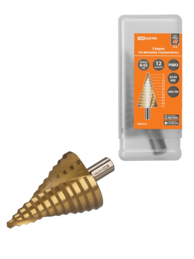 Сверло по металлу ступенчатое, 6-52 мм, 12 ступеней, нитрид., HSS, цилиндр. хв., “Рубин” TDM