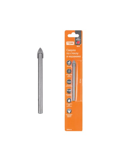 Сверло по стеклу и керамике 8×80 мм, 2 реж., лезвия, цилиндр. хв., блистер 1 шт, “Рубин” TDM