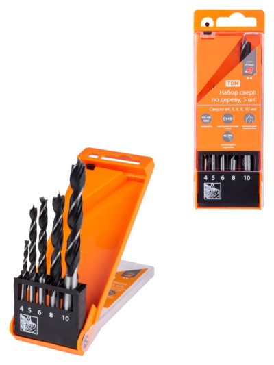 Набор сверл по дереву, 5 шт. (4-5-6-8-10) мм, полир., HSS, пласт. уп., “Рубин” TDM