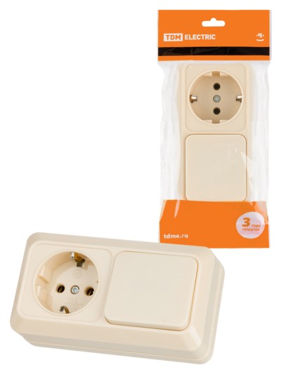 Блок комбинированный выкл. 1-кл. 10А + розетка 2П+З 16А 250В БКВР IP20 сл. кость “Ладога” TDM
