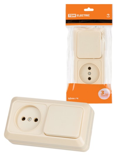 Блок комбинированный выкл. 1-кл. 10А + розетка 2П 10А 250В БКВР IP20 сл. кость “Ладога” TDM