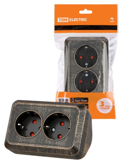 Розетка угловая двойная 2П+3 открытой установки с з/ш IP20 250В 16А бронза “Ладога” TDM