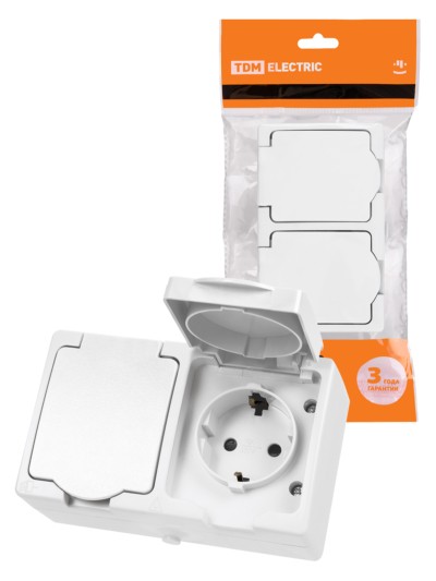 Розетка двойная 2П+З (горизонтальная) открытой установки IP54 16А белая “Вуокса” TDM