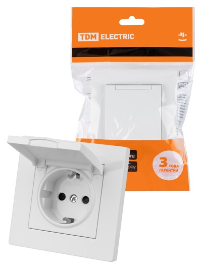 Розетка 2П+З 16А 250В IP44 с защ. шт. с крышкой белая “Сенеж” TDM
